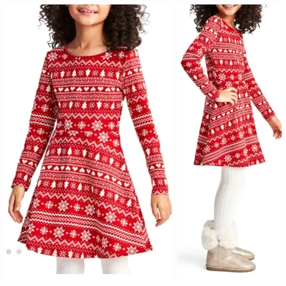 Children's Place Girls' Casual Long Sleeve Christmas Fair Isle Holiday Dress Red - Picture 2 of 9